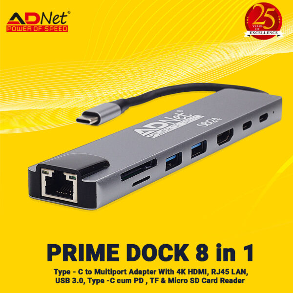 ADNet USB Type-C Docking Station 8 IN 1 ,4K HDMI/RJ45/PD CHARGING,SD/ MICRO SD CARD READER ADP-C8-1136 | ADNET