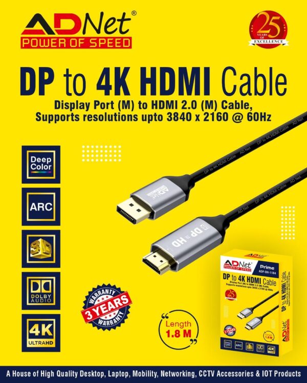 DP (M) TO HDMI (F) 4K PRIME ADAPTOR, LENGTH 1.8M -ADP-DH-1184