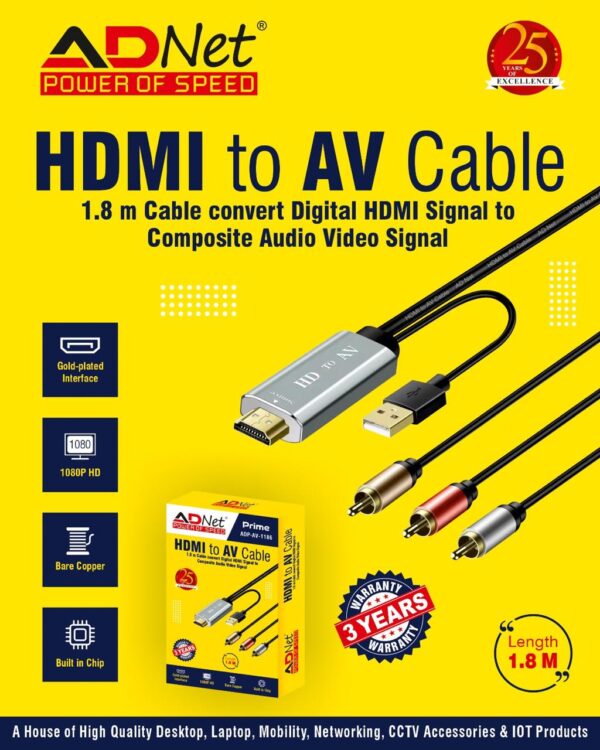 HDMI TO AV 3 RCA  COMPOSITE VIDEO AUDIO 1.8 M CONVERTER CABLE  ADP-UH-1186