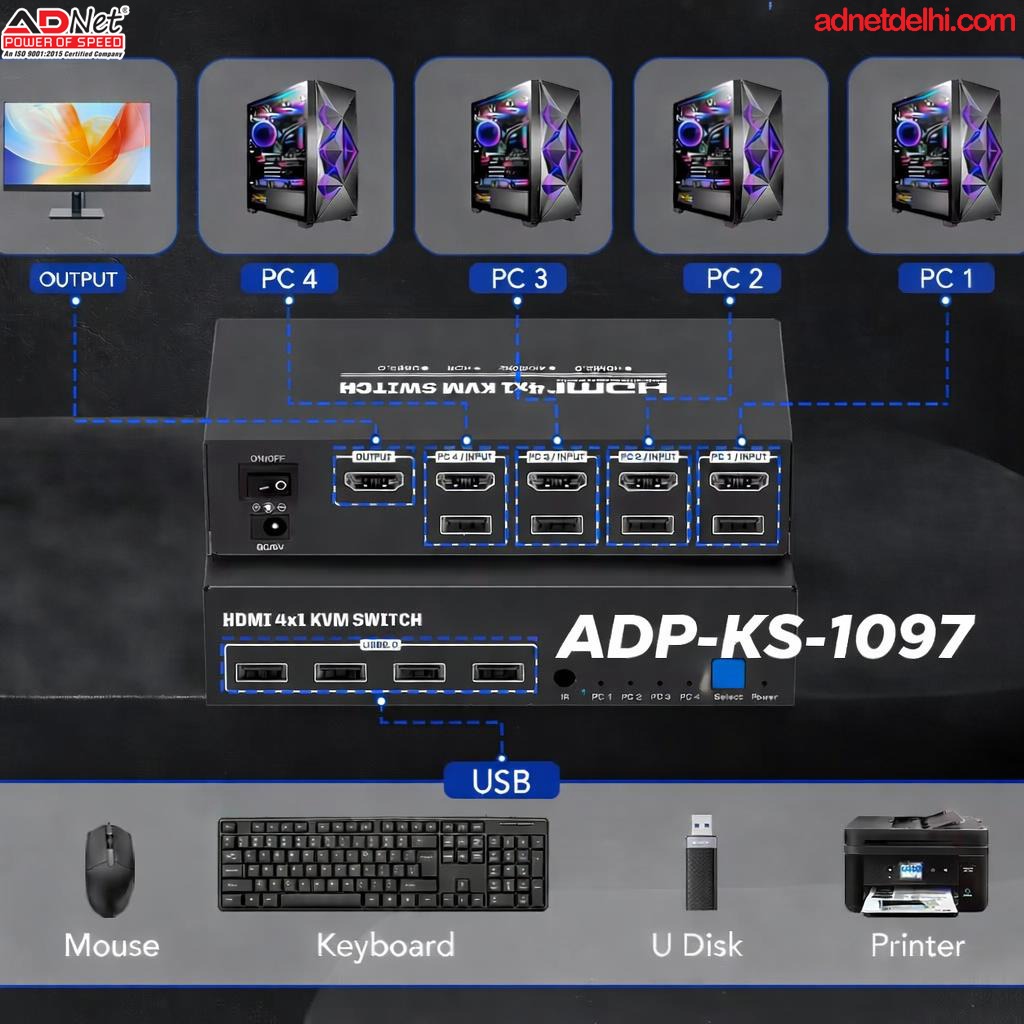 4 PORT HDMI KVM USB SWITCH 4K 60 Hz ADP-KS-1097 (4 COMPUTER SHARE 1 MONITER)