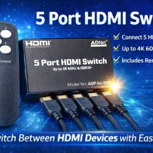 ADNet HDMI SWITCH 5 IN 1 OUT 4K 60 Hz with Remote (ADP-HS-1113)