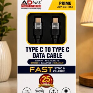 ADNet 100W Type C to Type C Fast Charging Data Cable | PD 3.0 QC 3.0 | 5A E-Marker Cable